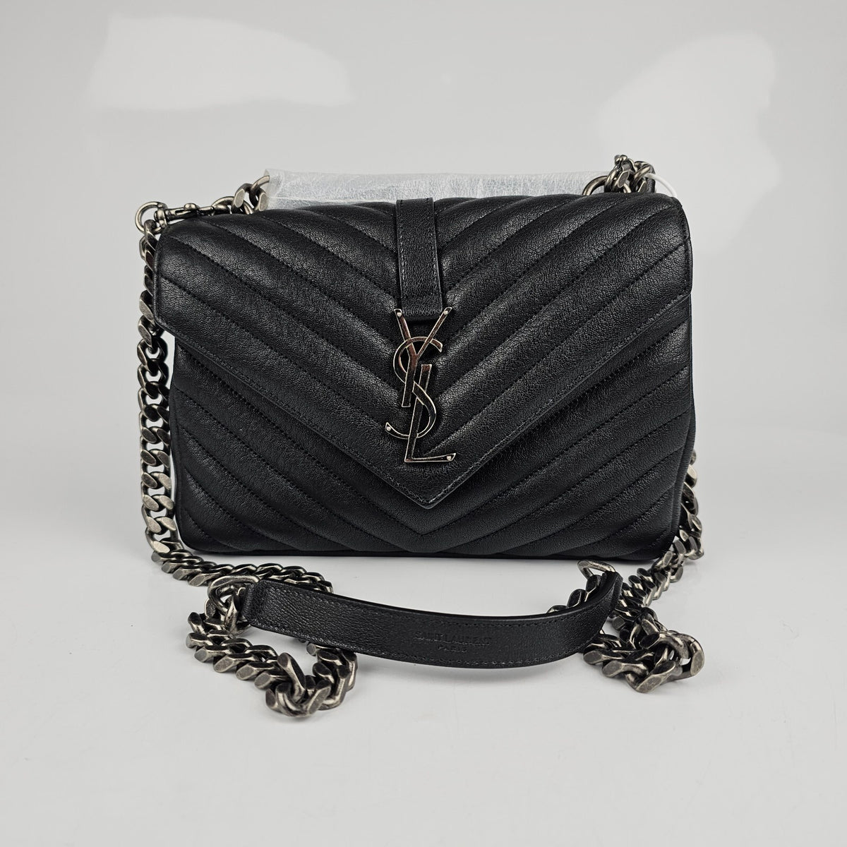SAINT LAURENT College Medium Black Quilted Leather Shoulder Bag New