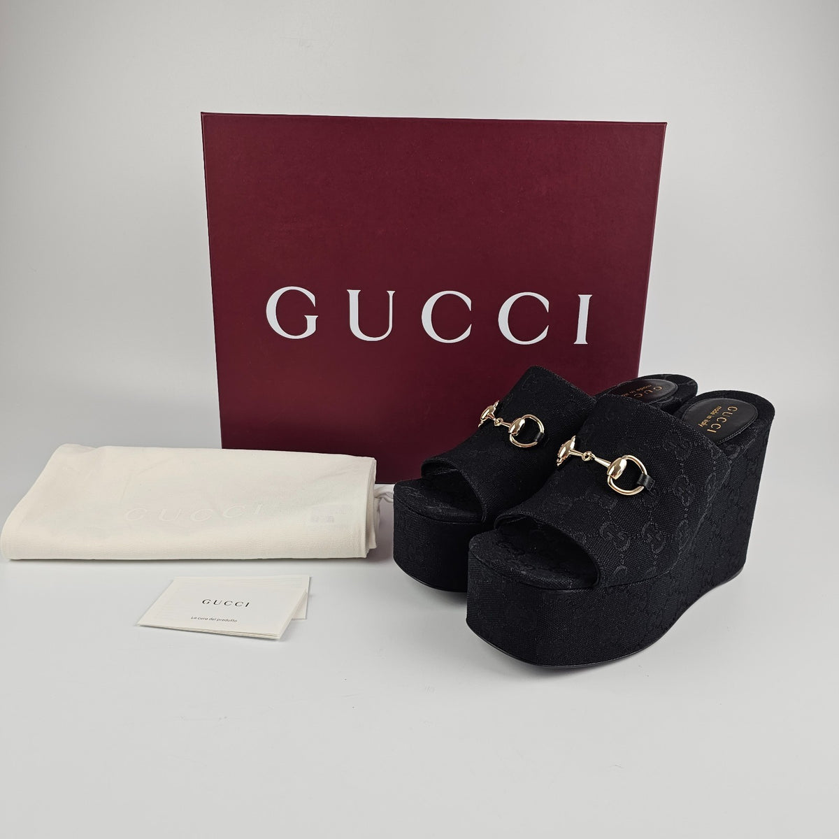 GUCCI Black GG Canvas Horsebit Wedge Sandals New & Authentic