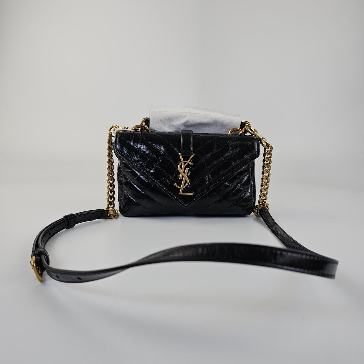 SAINT LAURENT College Mini Black Shiny Leather Shoulder Bag New/Authentic