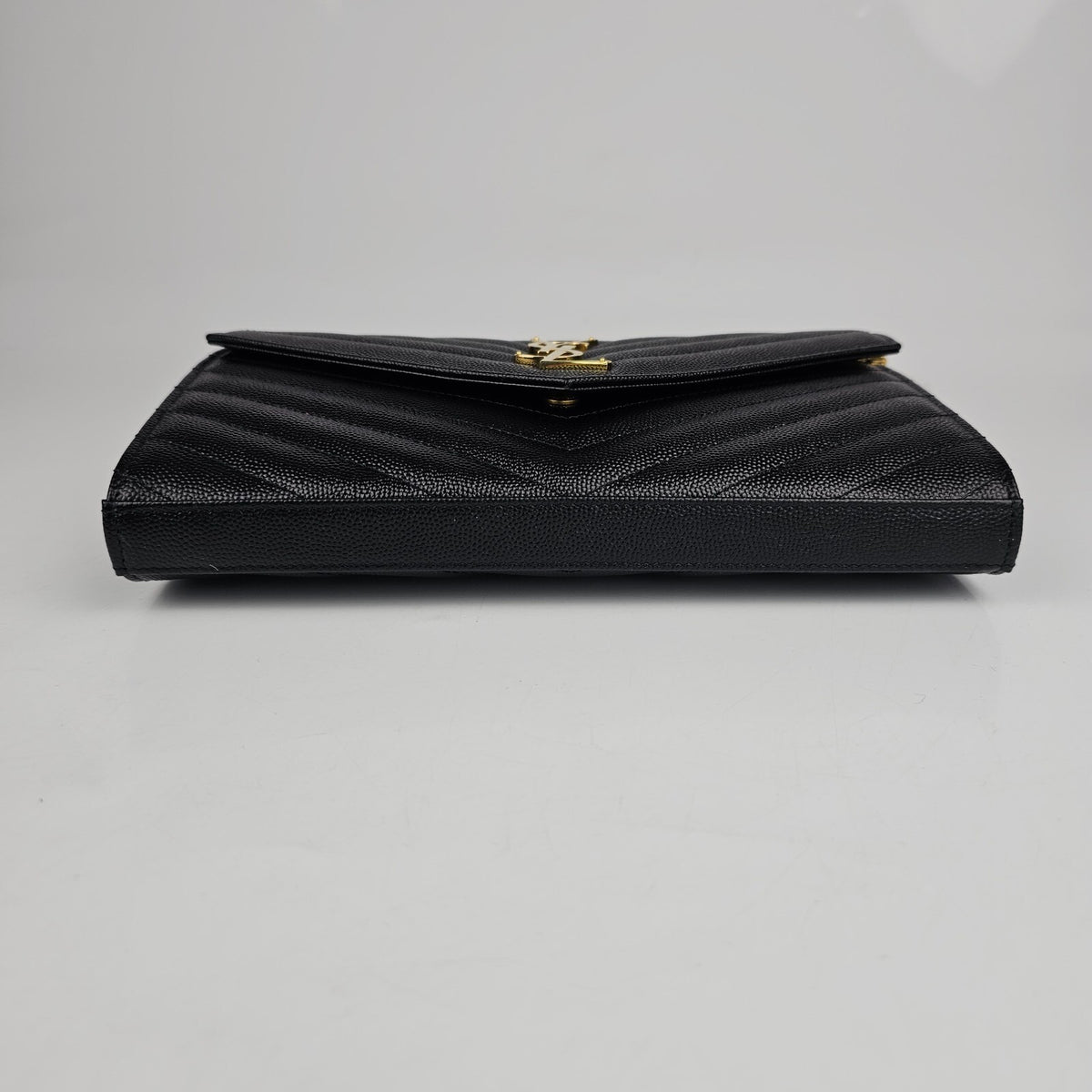 SAINT LAURENT Cassandre Classic Black/Gold Grained Leather Chain Wallet New