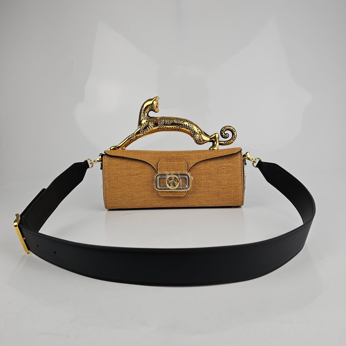 LANVIN Cat Straw Yellow Raffia Top Handle Pencil Box Bag New