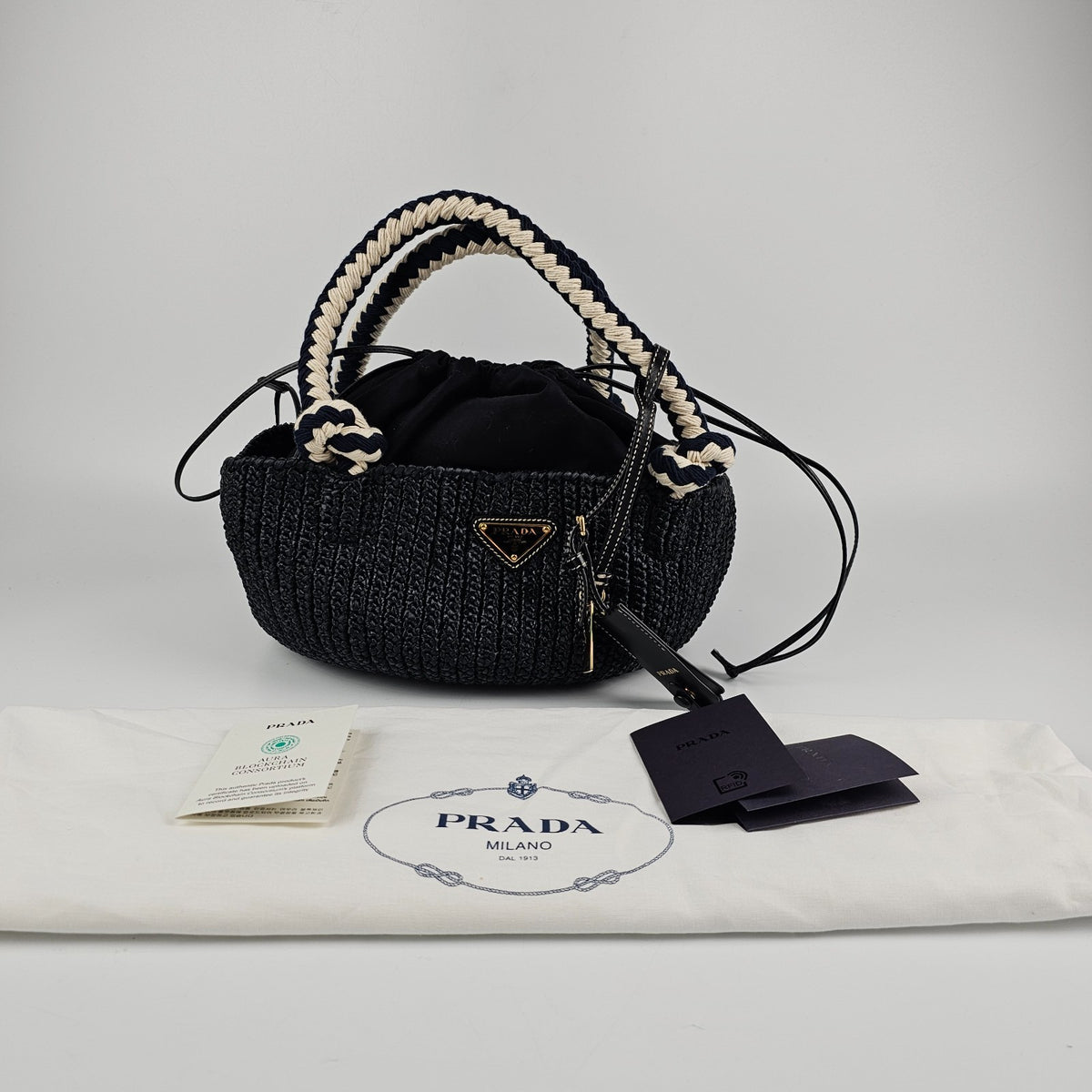 PRADA Small Basket Black Raffia Top Handle Bag New And Authentic