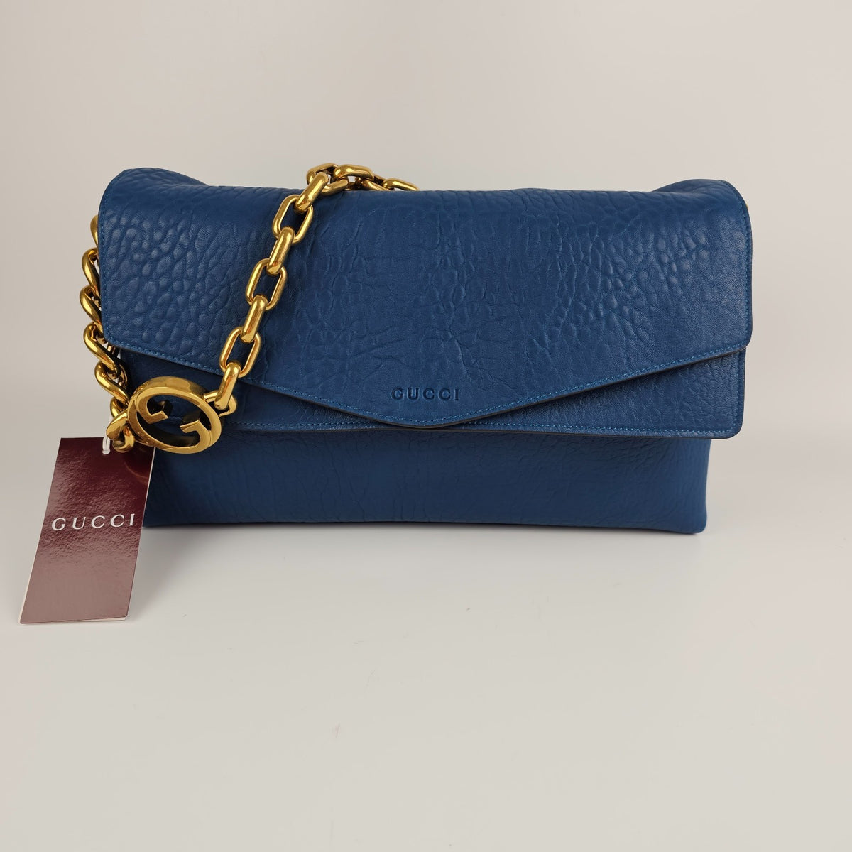 GUCCI $4600 Cobalt Blue GG Leather Large With Chain Shoulder Bag New & Authentic
