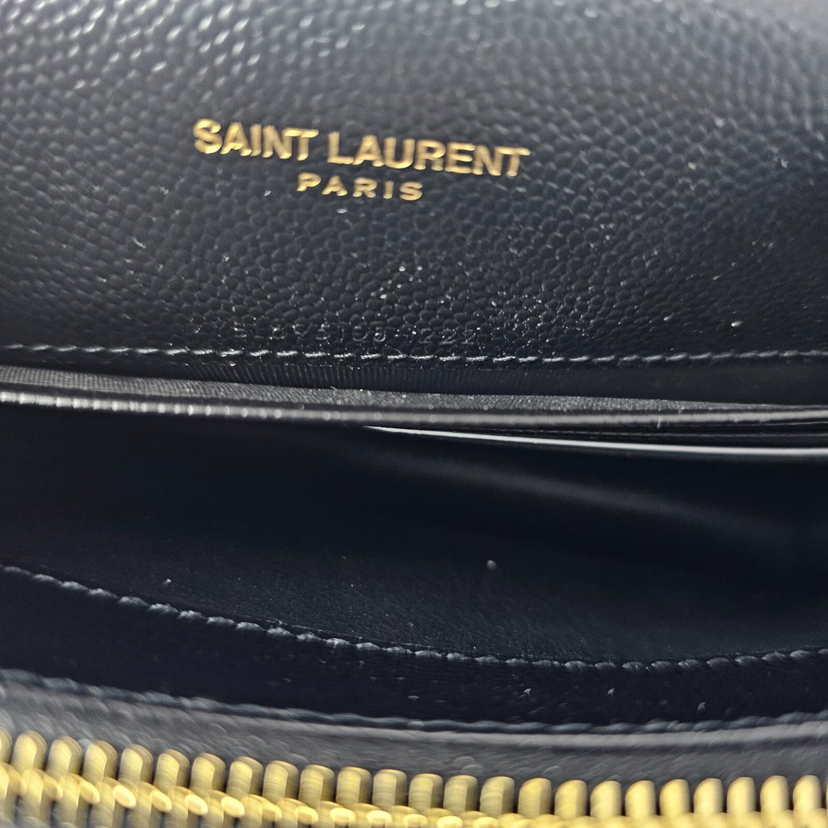 SAINT LAURENT Cassandre Envelope Black/Gold Grained Leather Chain Wallet New