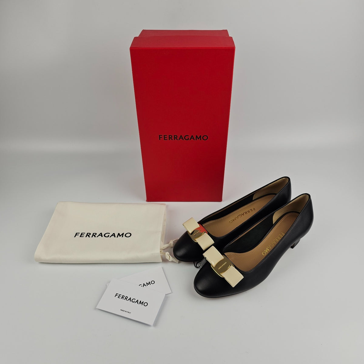 FERRAGAMO Vara Black Leather 35mm Heel Shoes New & Authentic