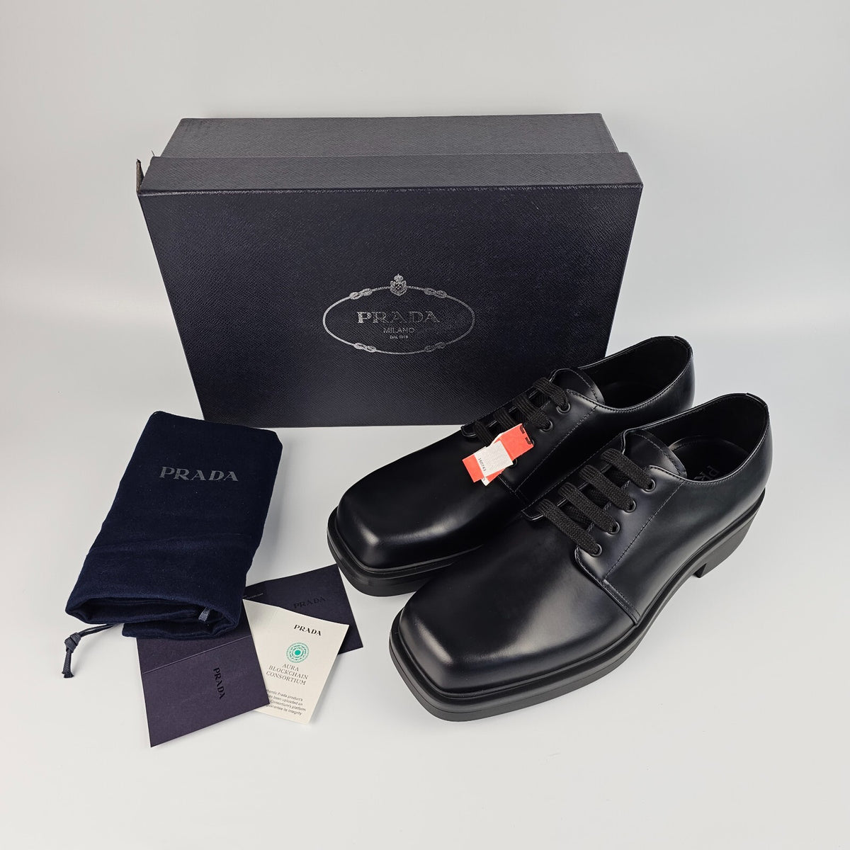 PRADA Black Brushed Leather Derby Shoes New And Authentic