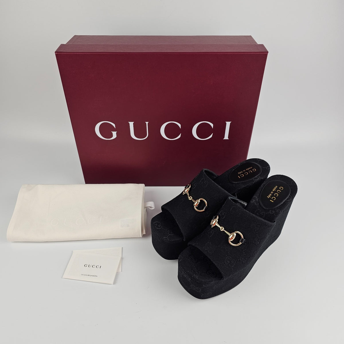 GUCCI Black GG Canvas Horsebit Wedge Sandals New & Authentic
