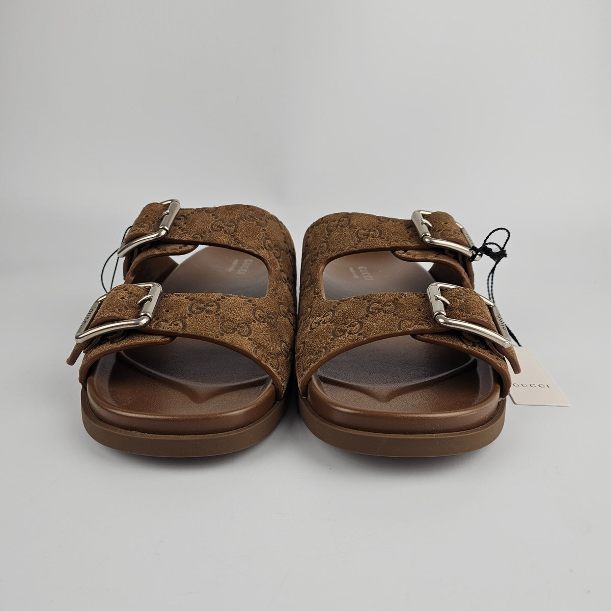 GUCCI $1050 Men's Cognac GG Suede Slide Sandals New & Authentic