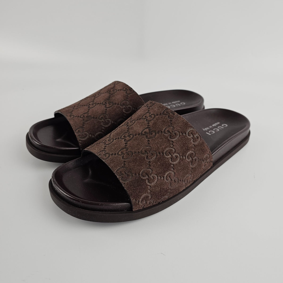GUCCI $820 Men's Brown GG Suede Slide Sandals New & Authentic