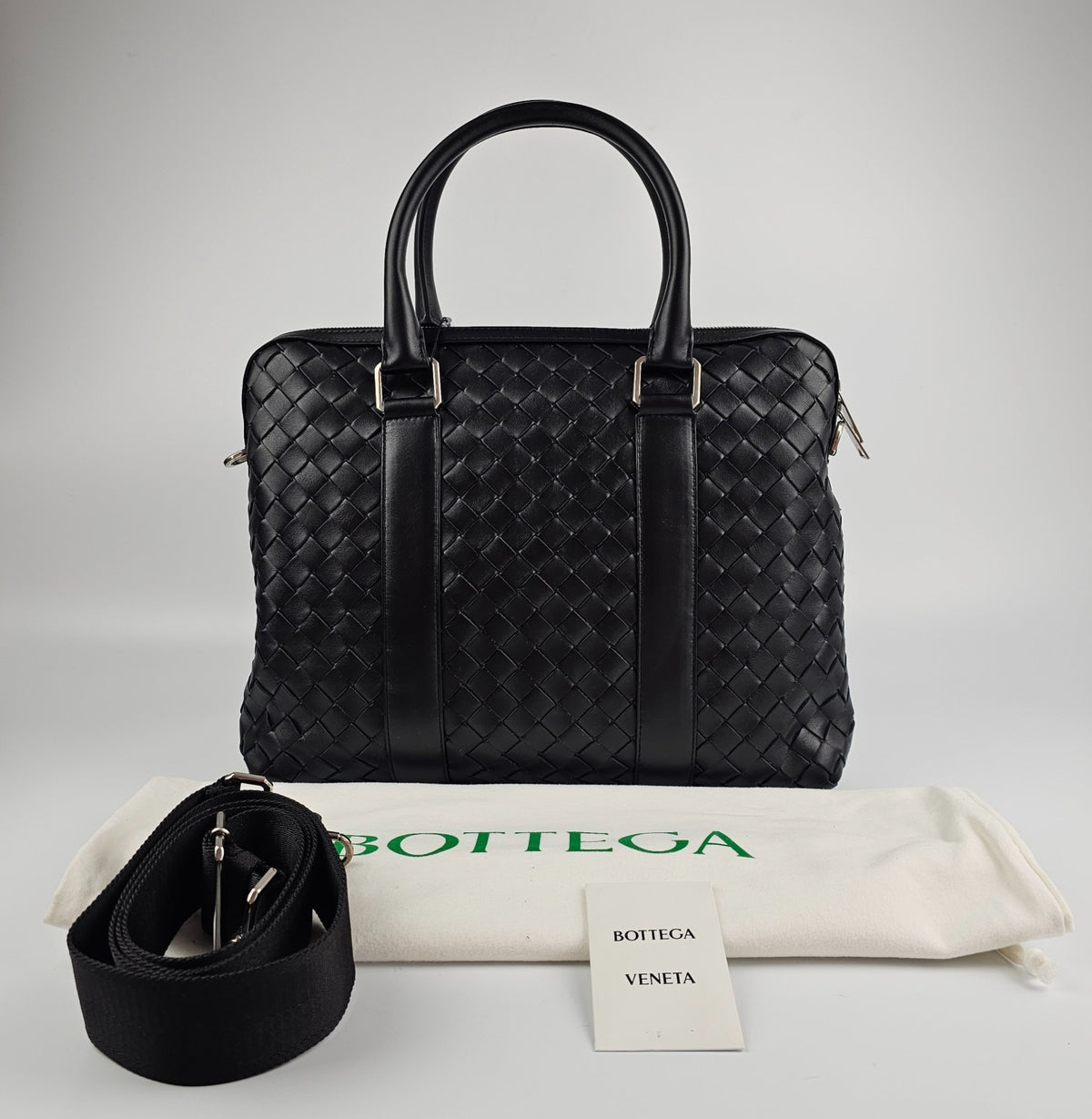 BOTTEGA VENETA $4100 Black Slim Intrecciato Leather Briefcase New & Authentic