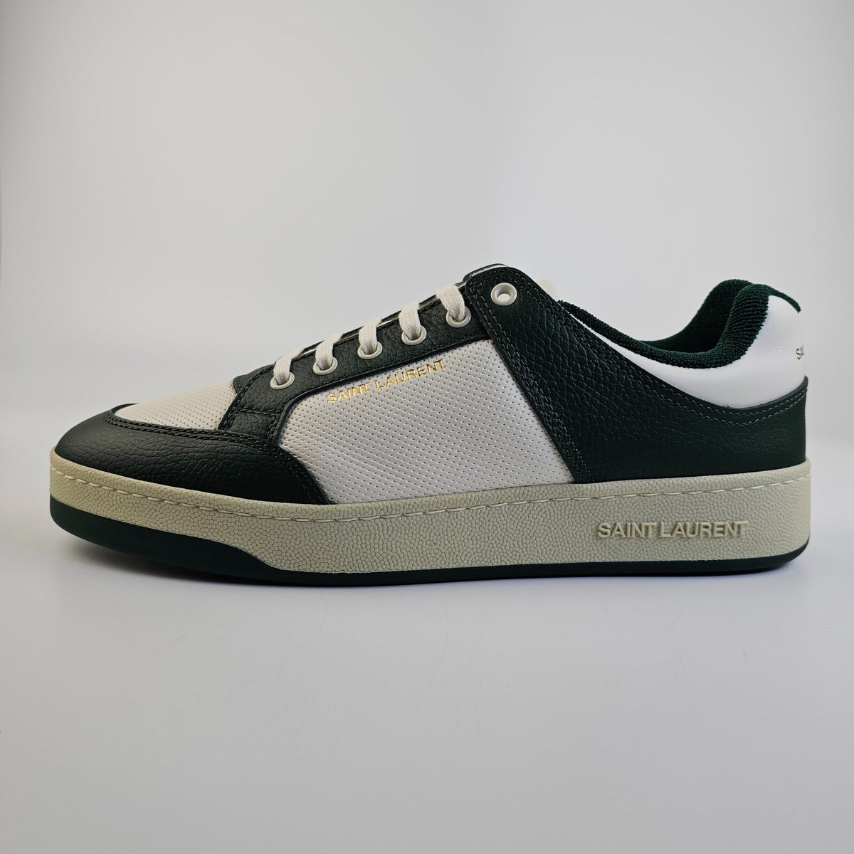 SAINT LAURENT SL/61 $880 White/Dark Green Perforated Leather Sneakers New