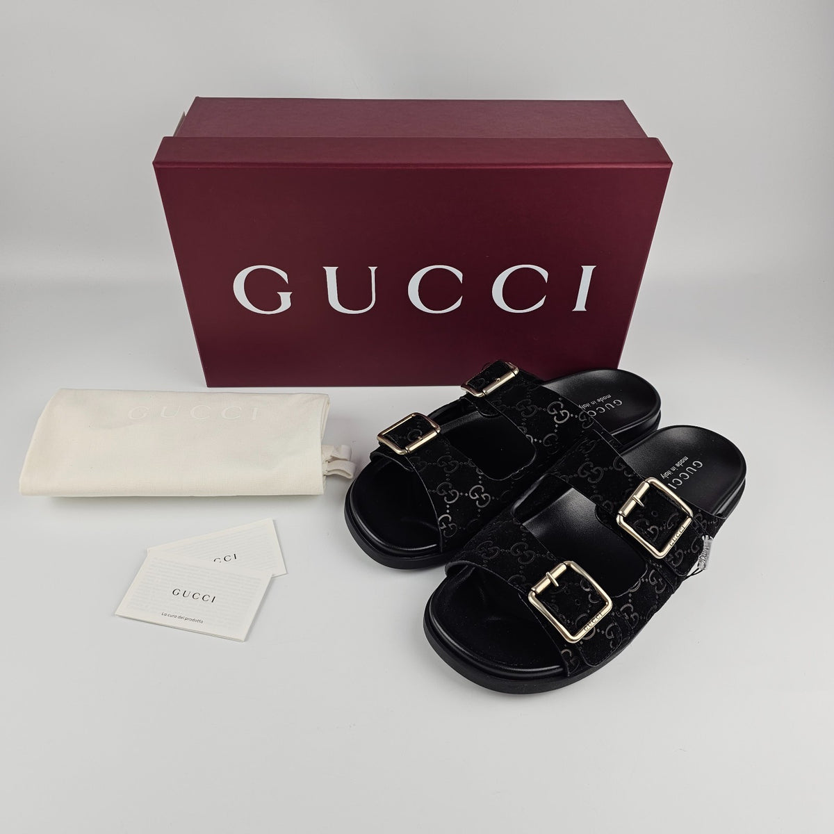 GUCCI $1050 Men's Black GG Suede Slide Sandals New & Authentic