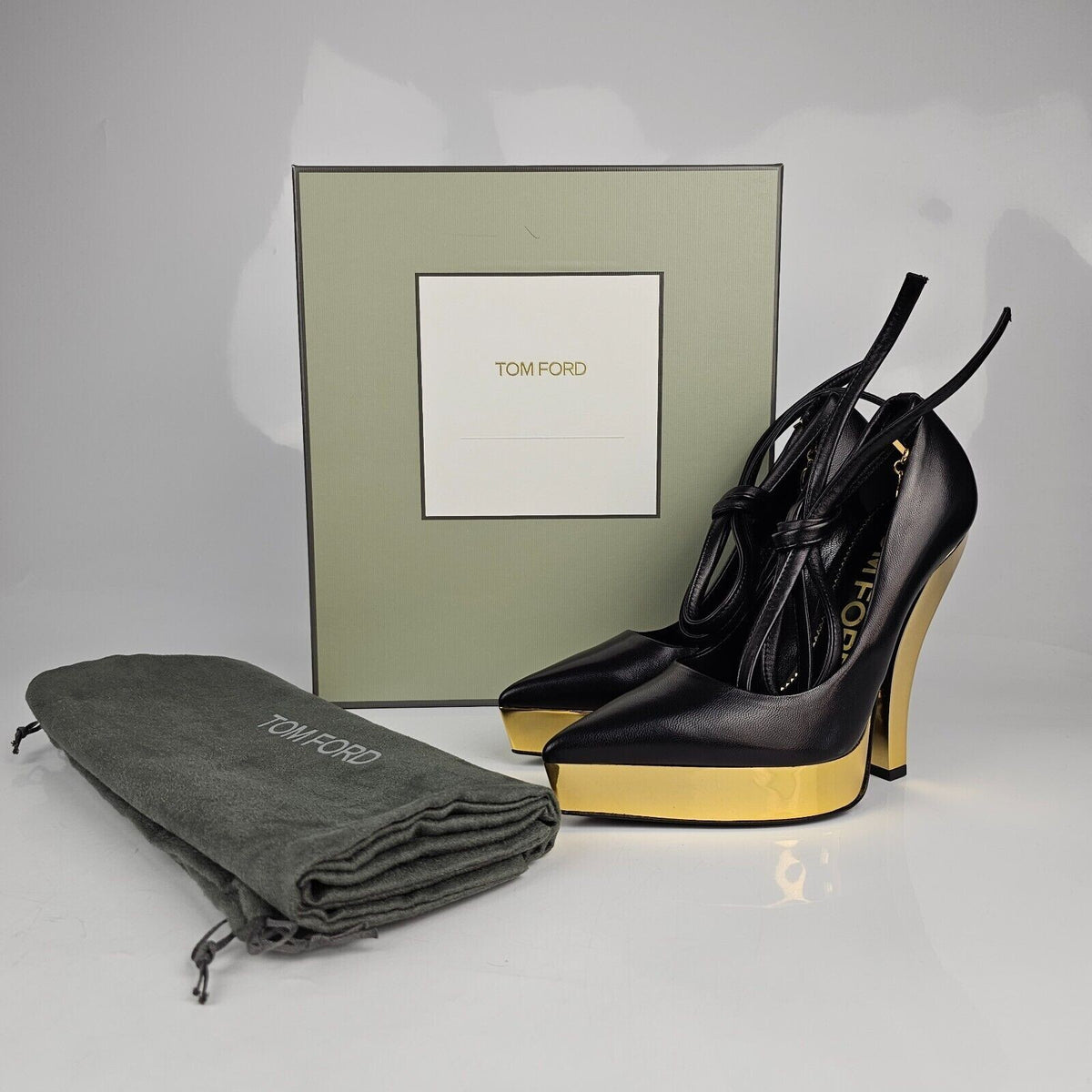 TOM FORD Scoop Ankle 130mm Black/Gold Leather Pumps New Size 37 US 7