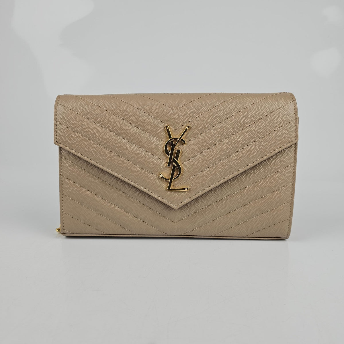 SAINT LAURENT Cassandre Classic Dark Beige Grained Leather Chain Wallet New