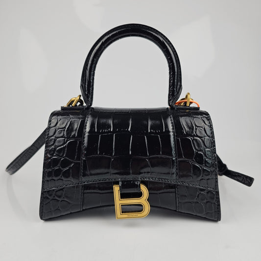 BALENCIAGA XS Hourglass Embossed Black Leather Bag New