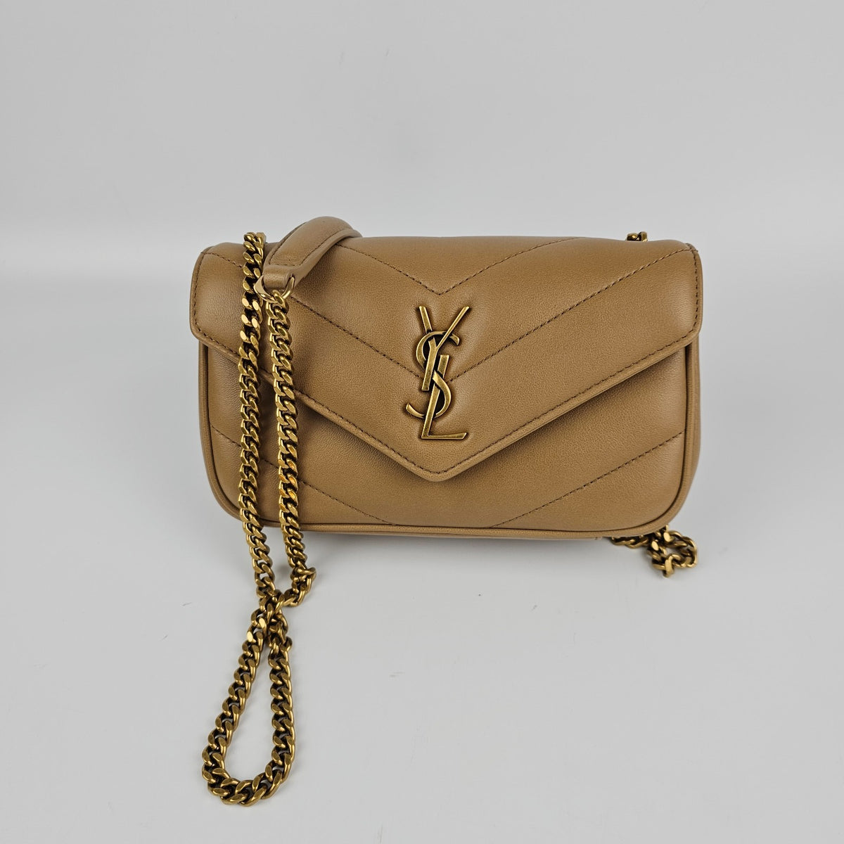 SAINT LAURENT Loulou Mini $2150 Natural Tan Leather Shoulder Bag New