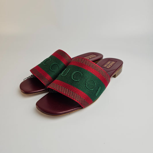 GUCCI Green/Red Cotton With Web Slide Sandals New & Authentic