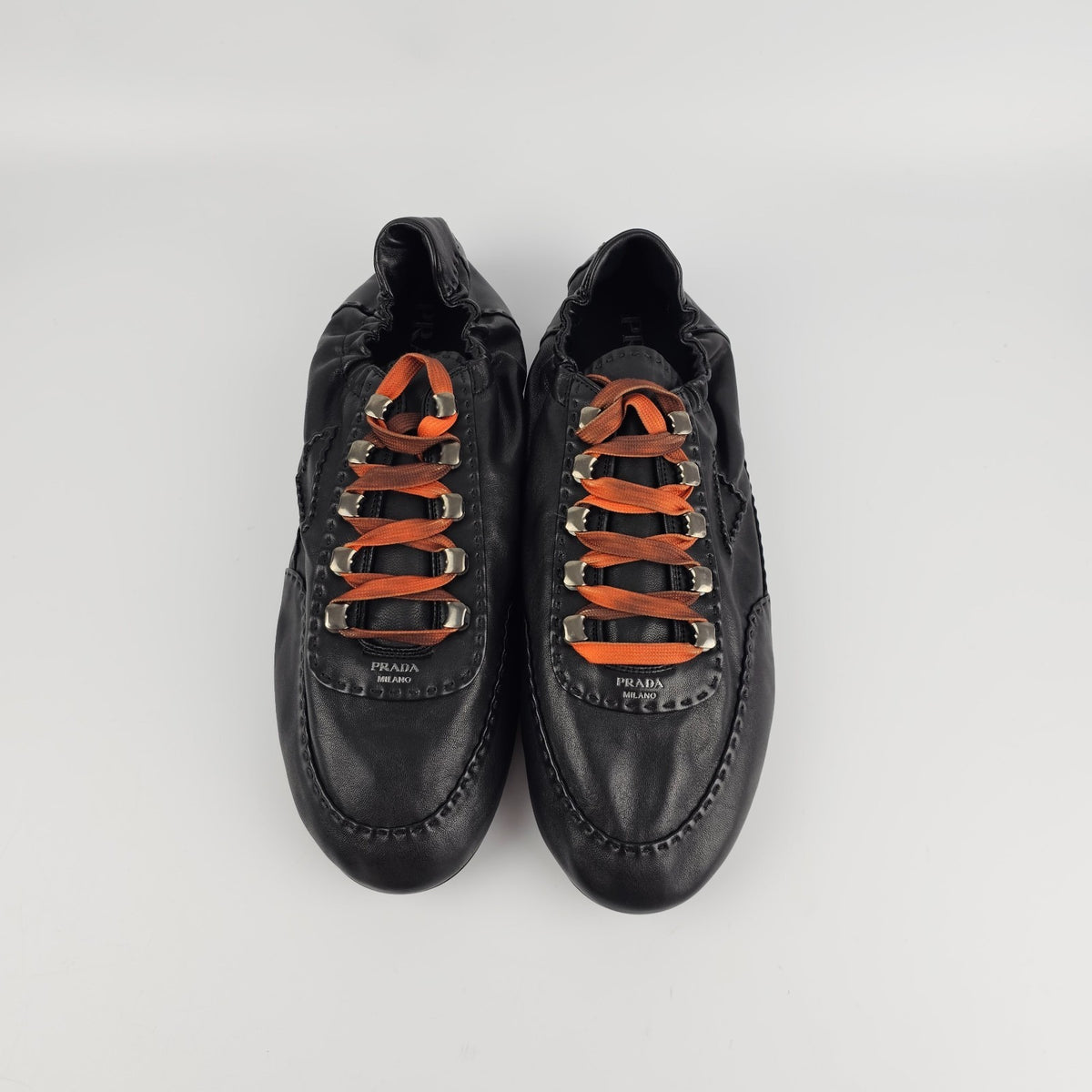 PRADA $1270 Collapse Black Antiqued Nappa Leather Sneakers New & Authentic