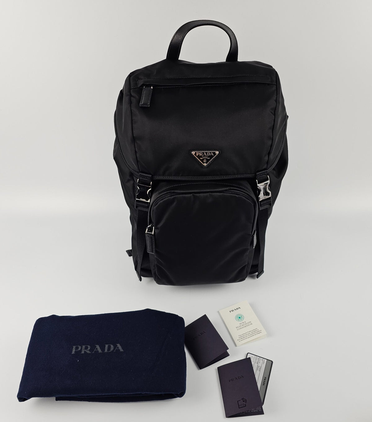 PRADA $2550 Black Re-Nylon And Saffiano Leather Backpack New And Authentic