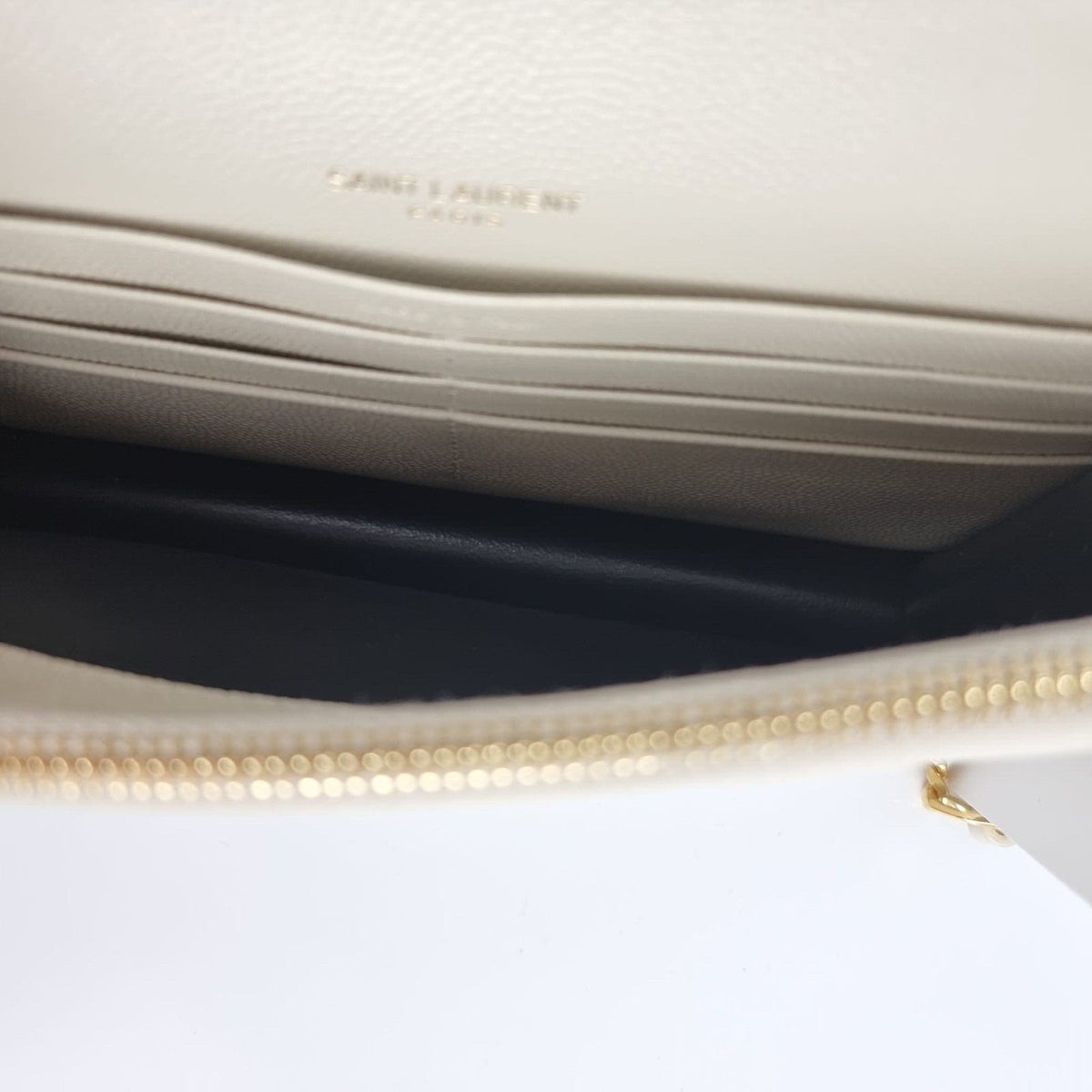 SAINT LAURENT Cassandre Envelope Crema Soft Grained Leather Chain Wallet New