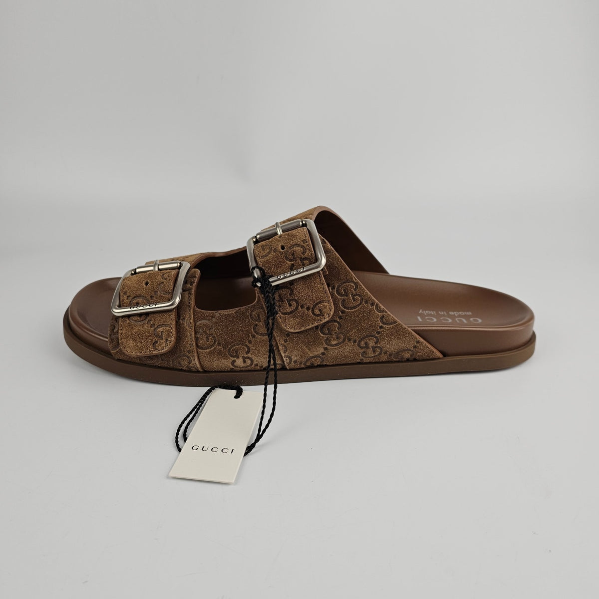 GUCCI $1050 Men's Cognac GG Suede Slide Sandals New & Authentic