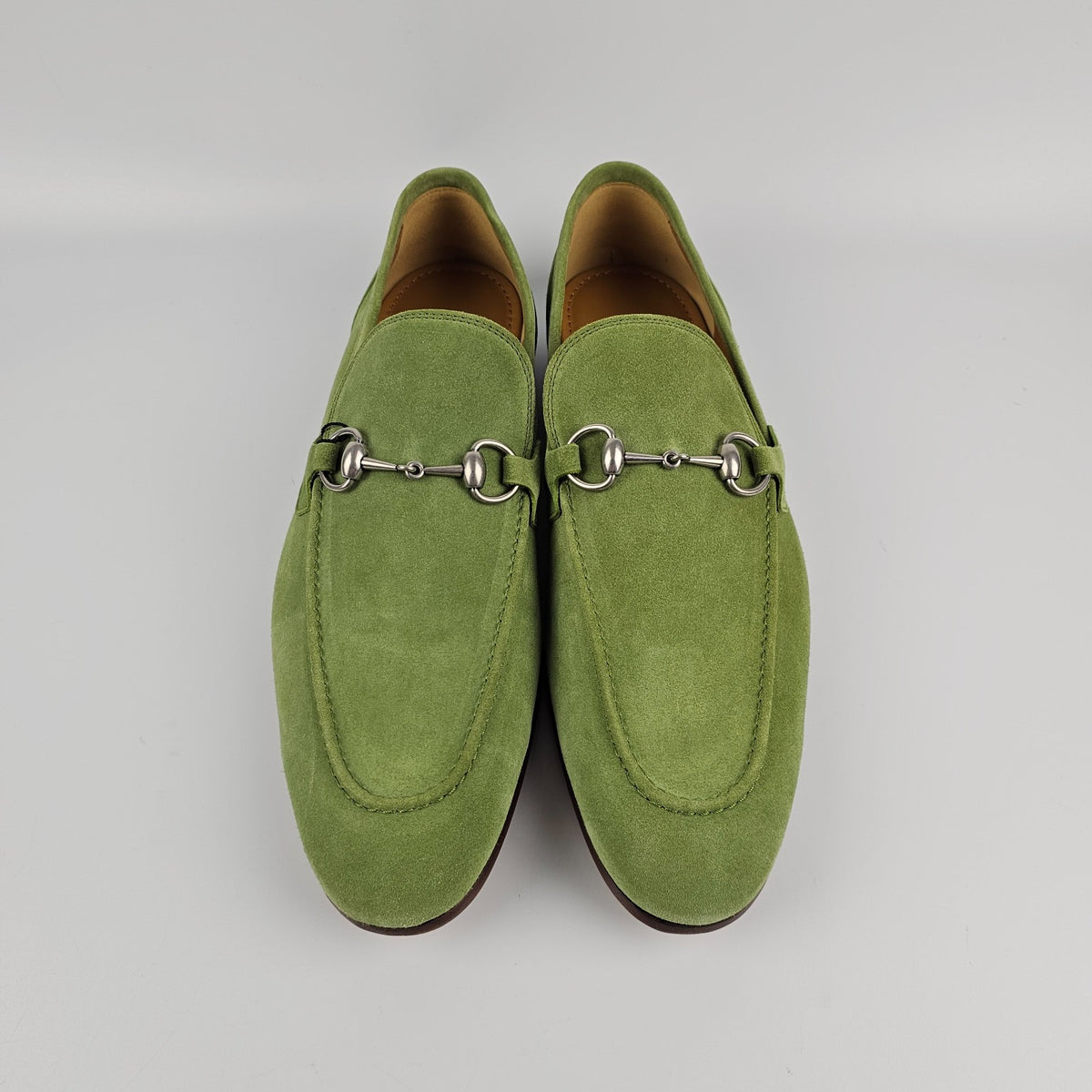 GUCCI Jordaan $1090 Men's Green Suede Horsebit Loafers New & Authentic