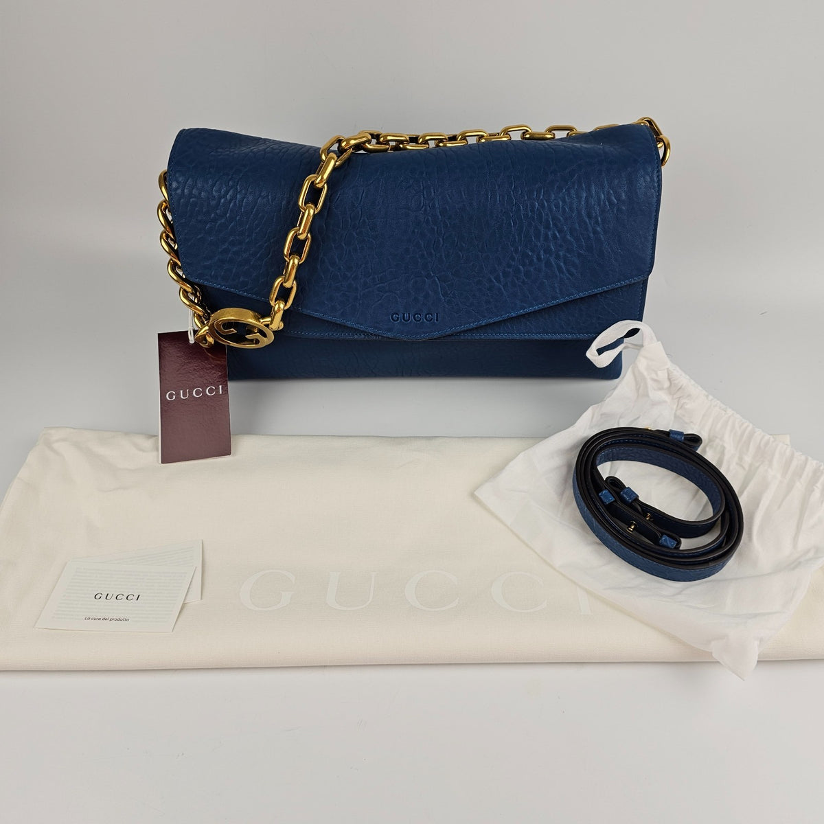 GUCCI $4600 Cobalt Blue GG Leather Large With Chain Shoulder Bag New & Authentic