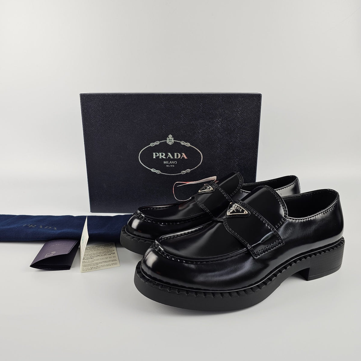 PRADA Chocolate Black Brushed Leather Loafers New And Authentic