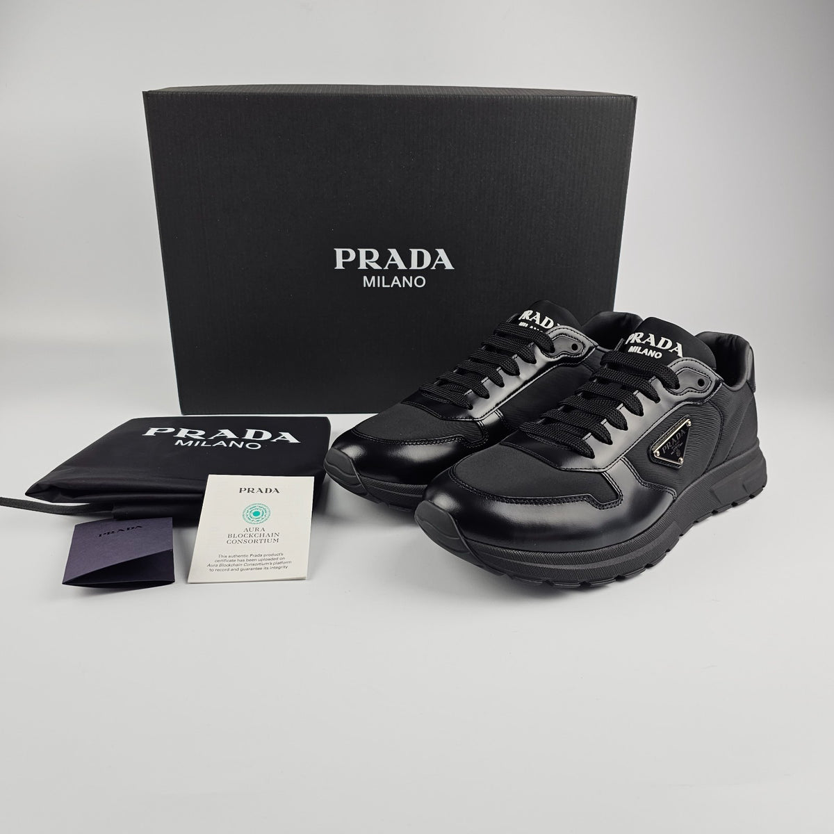 PRADA Prax Black Re-Nylon/Brushed Leather Sneakers New