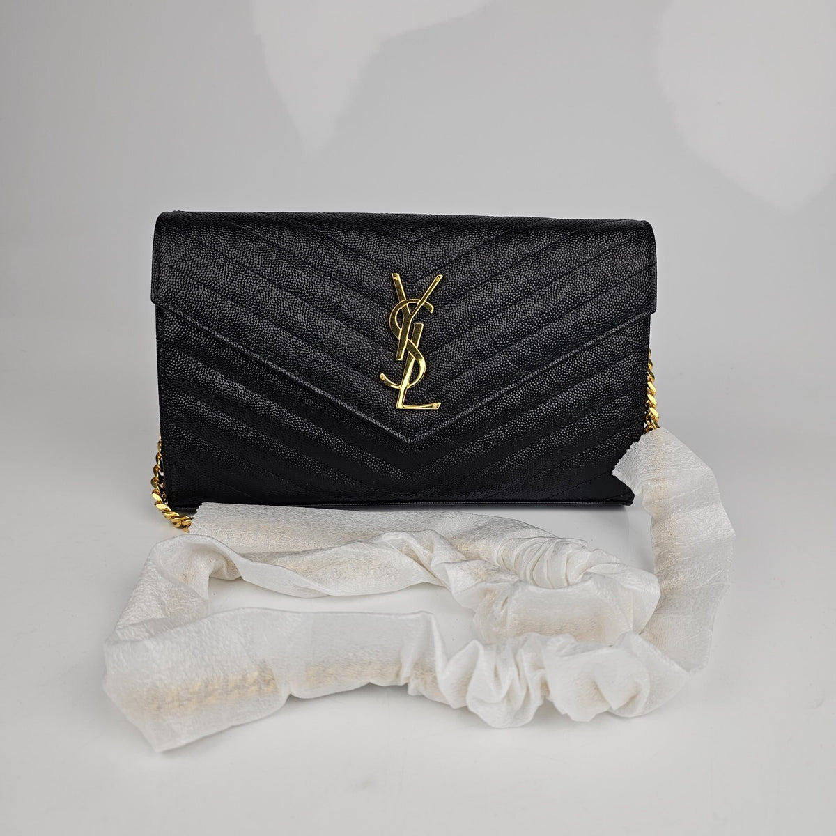 SAINT LAURENT Cassandre Classic Black/Gold Grained Leather Chain Wallet New