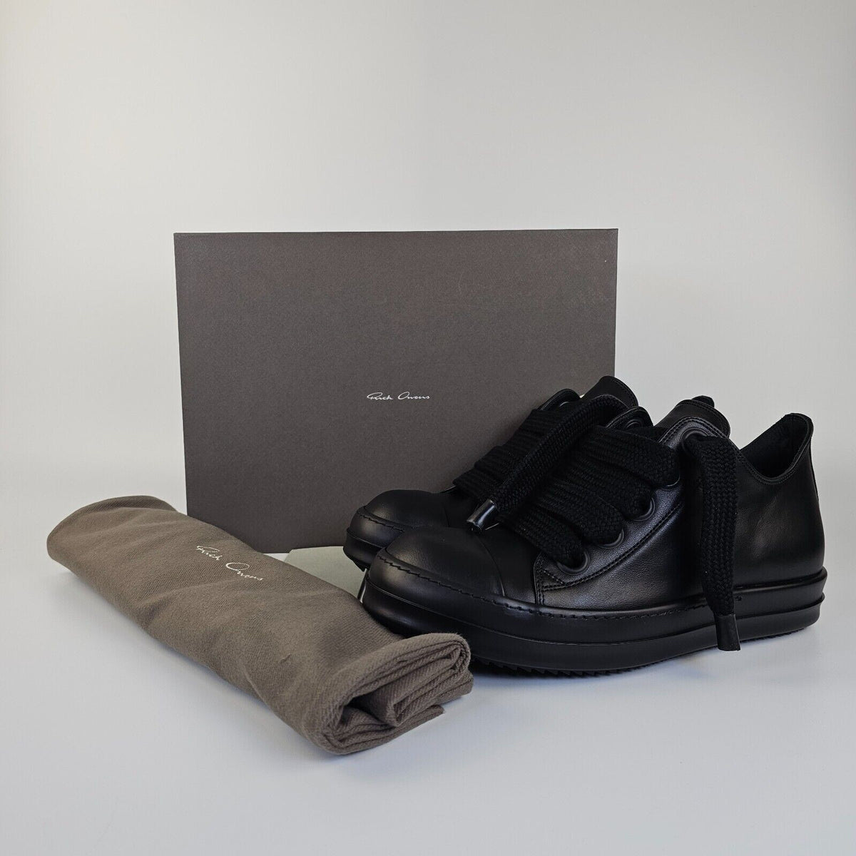 RICK OWENS Jumbo Laces Lido Black Leather Low Top Sneakers New 40 US 7