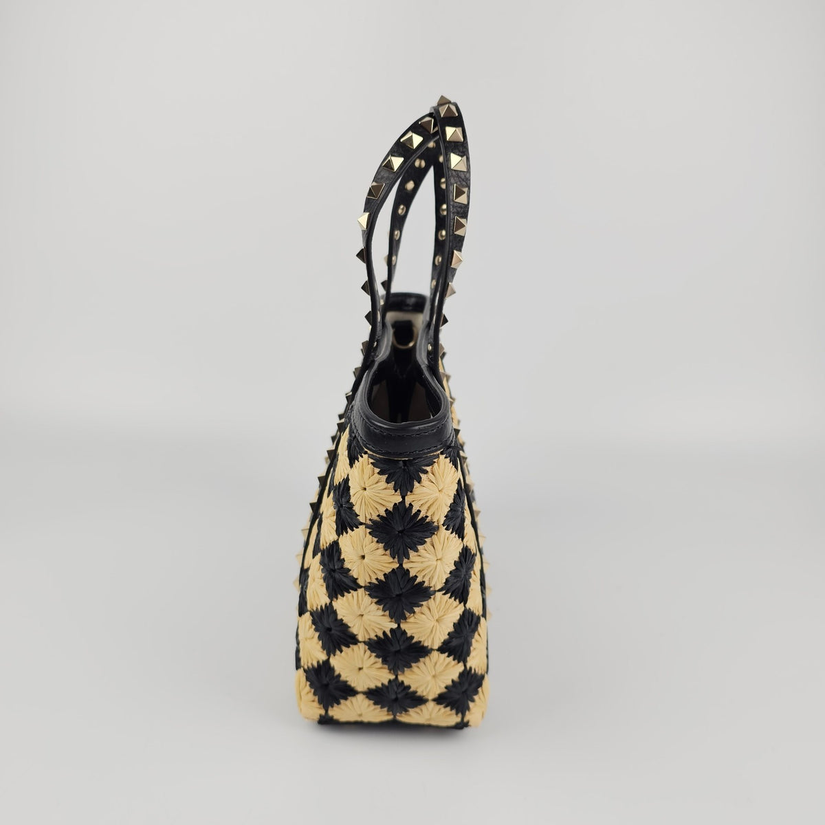 VALENTINO GARAVANI Rockstud Spike Shopper Black Yellow Raffia Tote Bag New