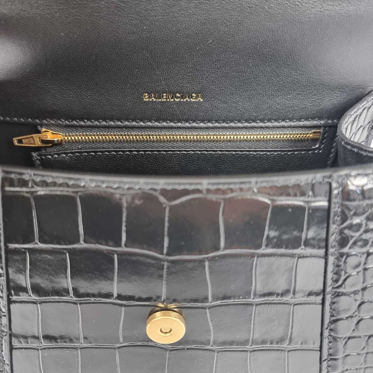 BALENCIAGA Hourglass Small $3000 Black Embossed Leather Top Handle Bag New