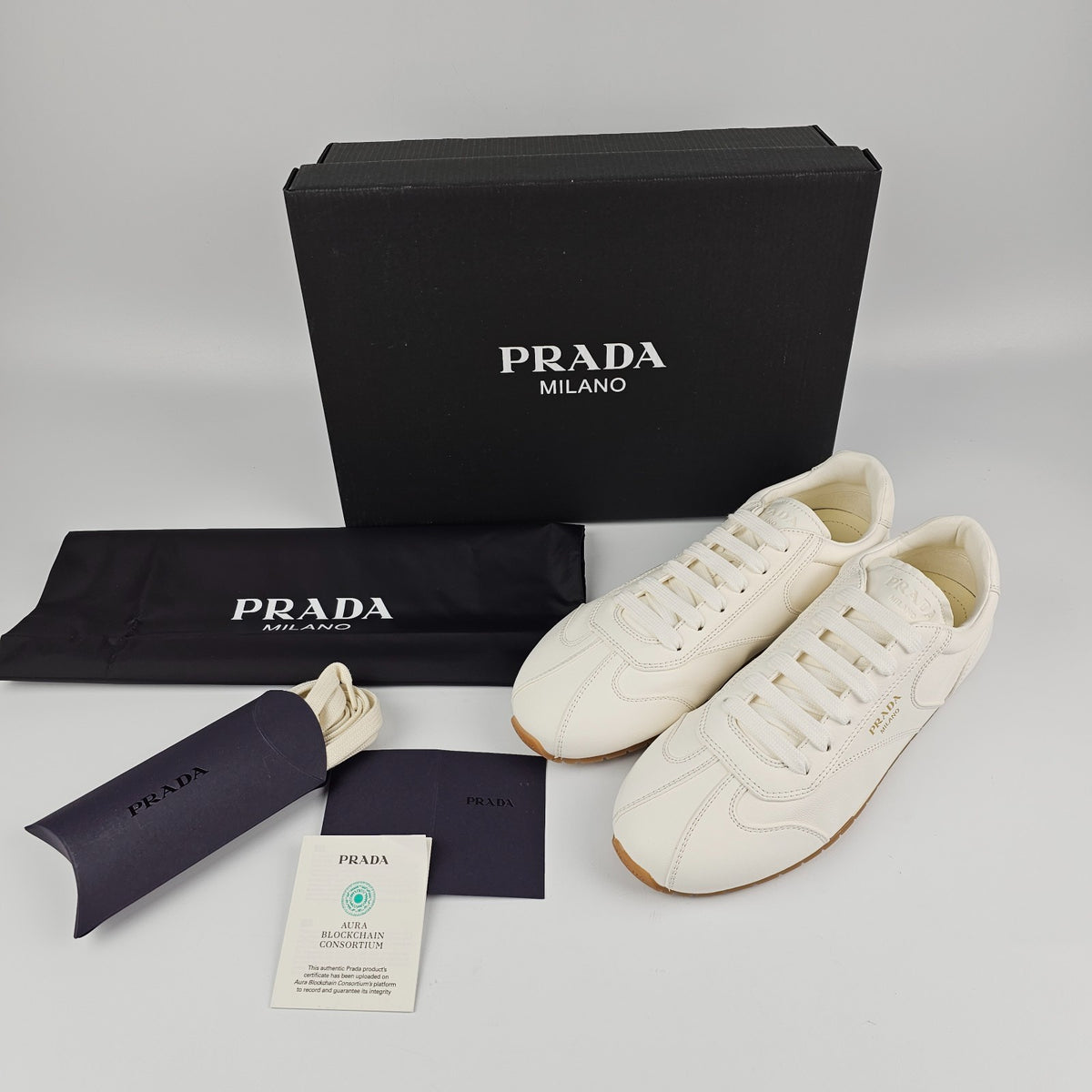PRADA $1020 White Nappa Leather Sneakers New & Authentic