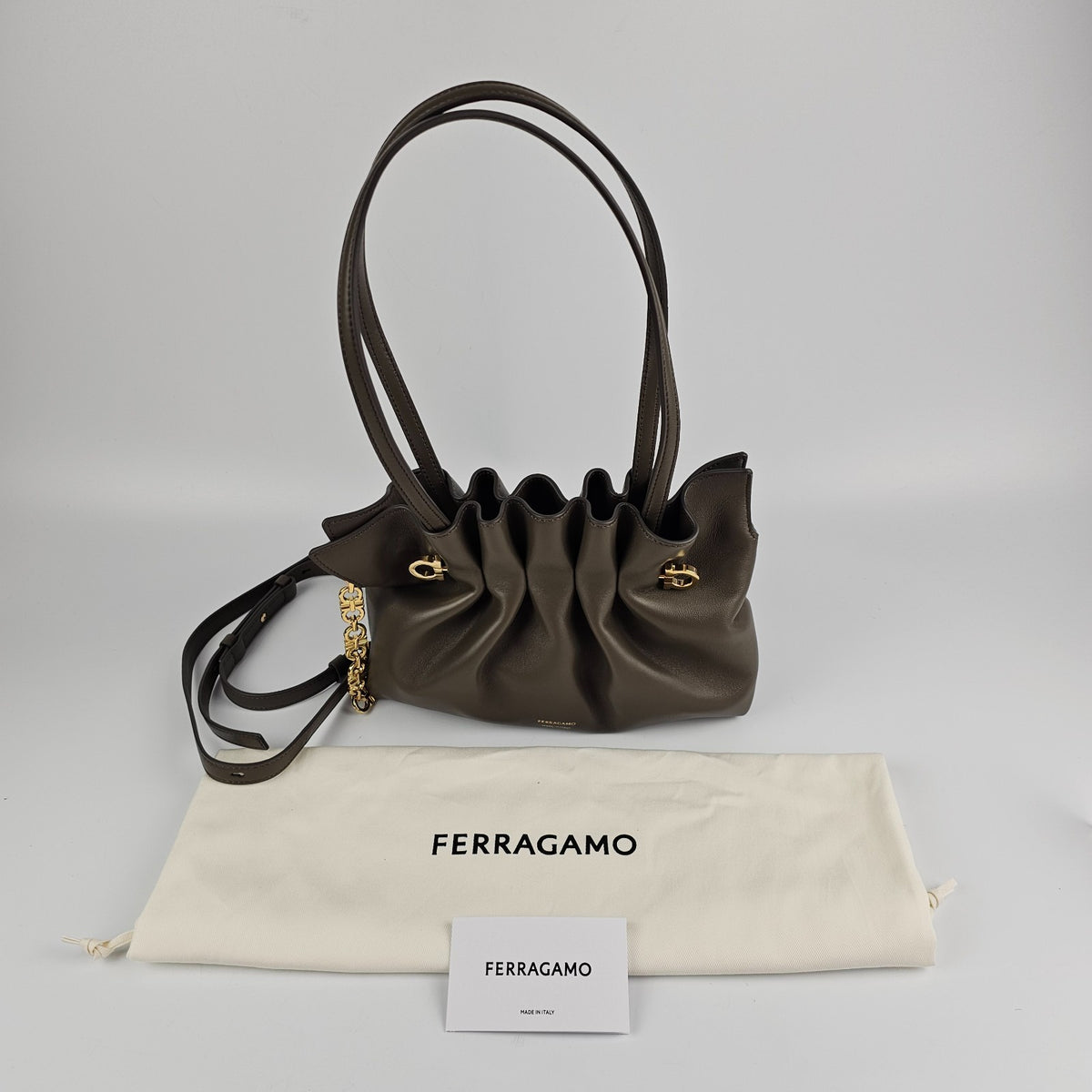 FERRAGAMO Concrete Leather Soft Shoulder Bag New & Authentic