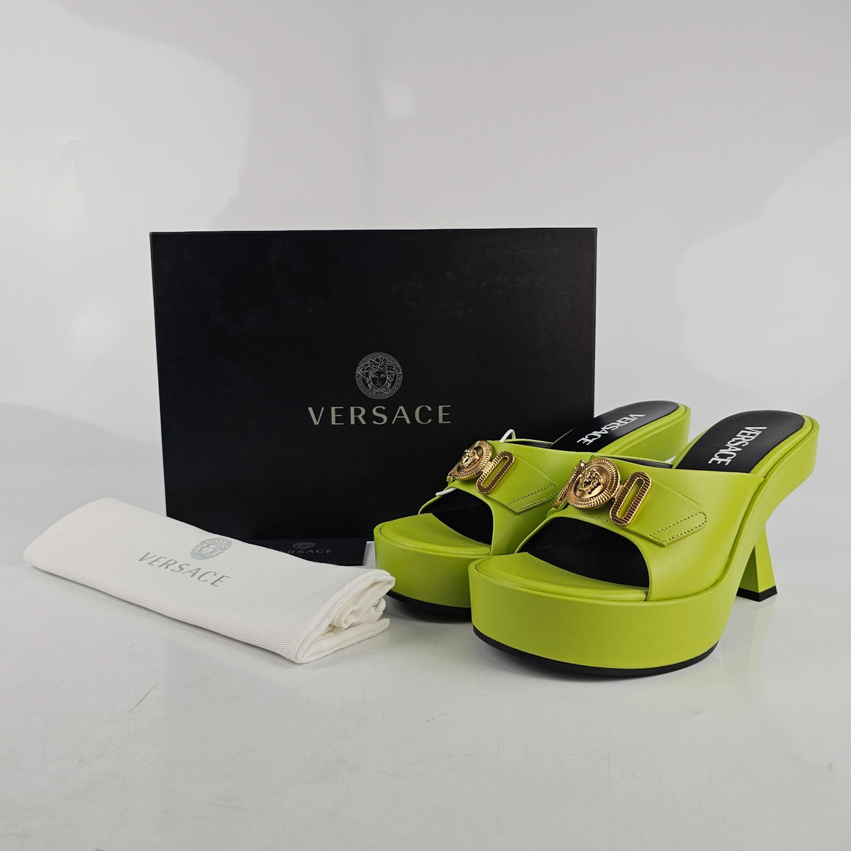 VERSACE Medusa 100mm Green Mules New Size 37.5 US 7.5
