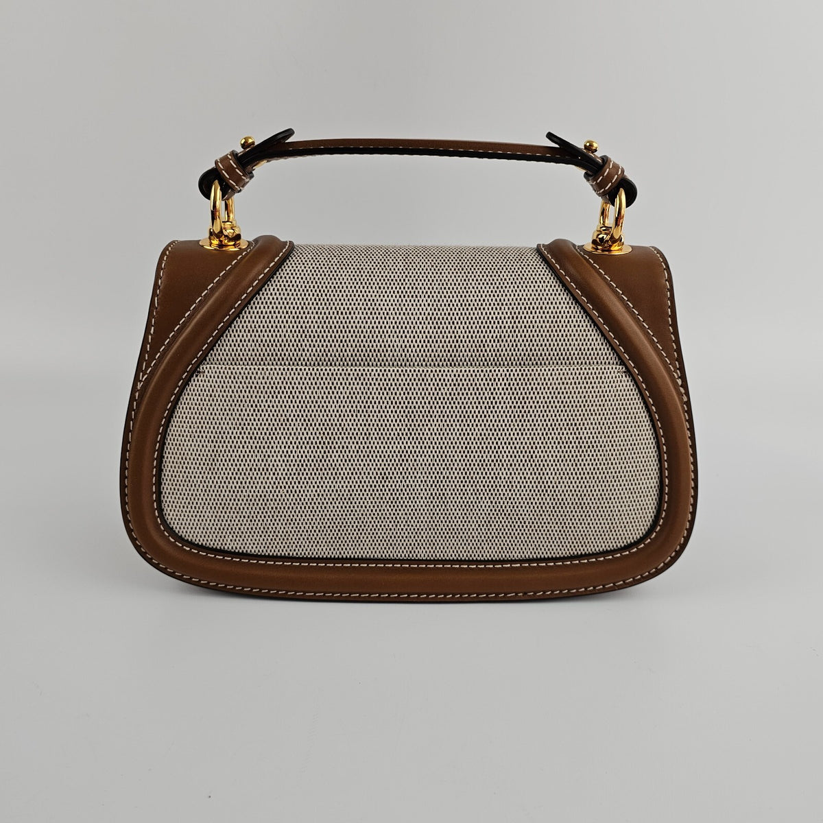 GUCCI Blondie Medium $3900 Natural Cotton And Brown Leather Top Handle Bag New