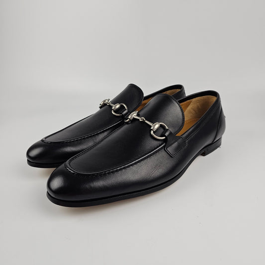GUCCI Jordaan Men's Black/Silver Leather Horsebit Loafers New & Authentic