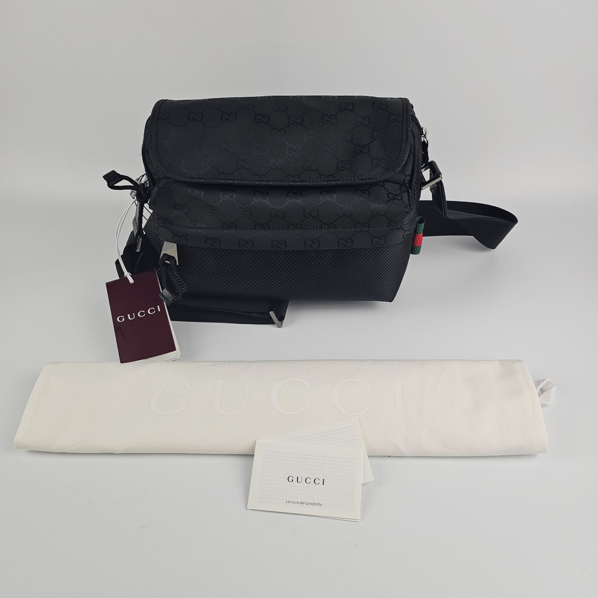GUCCI $2200 Nexus Black GG Nylon Medium Crossbody Bag New & Authentic