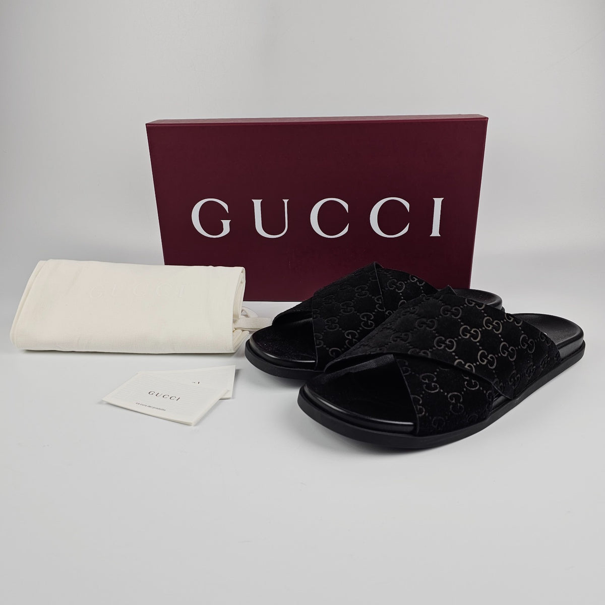 GUCCI Men's Black GG Suede Slide Sandals New & Authentic