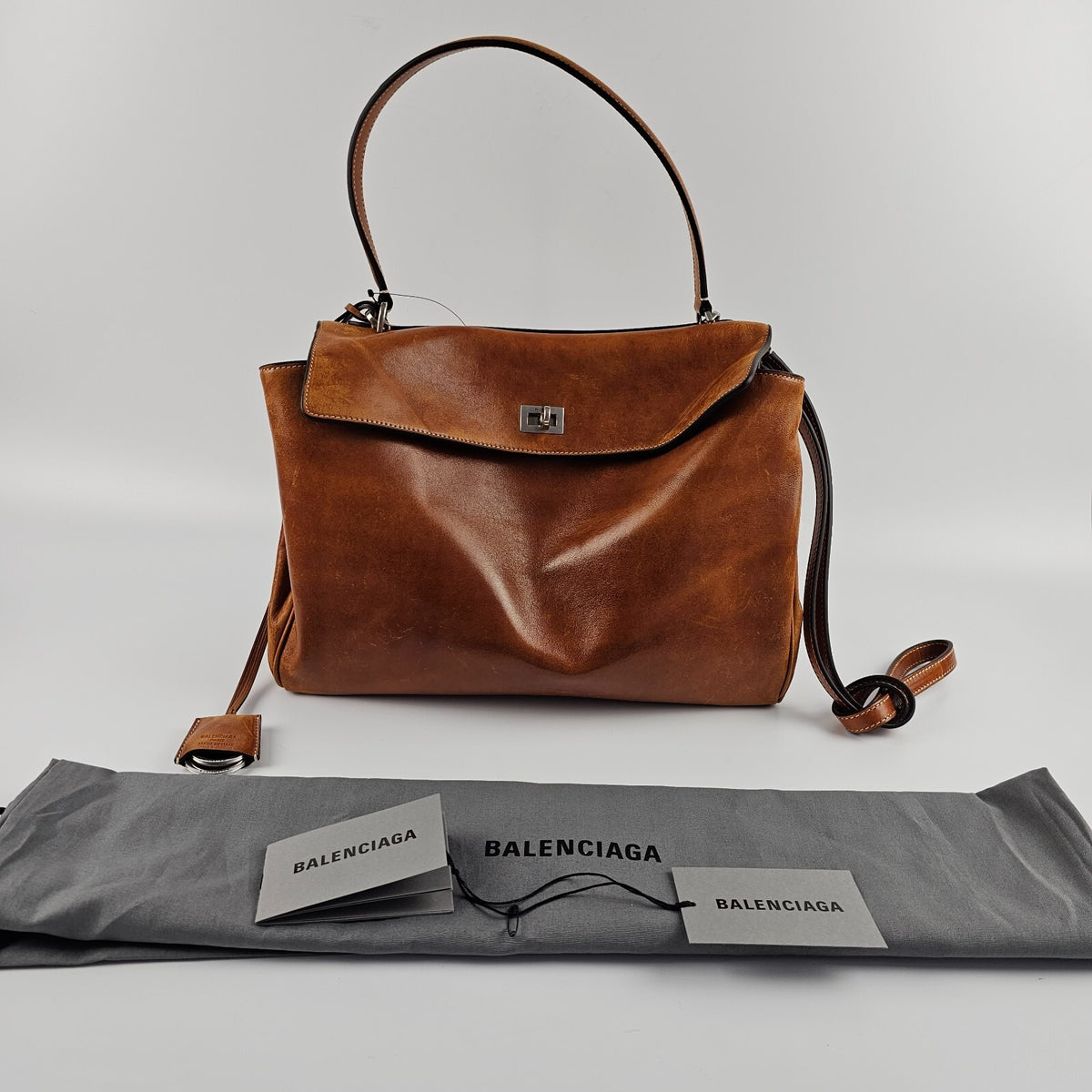 BALENCIAGA Rodeo Medium $4600 Tan Cowboy Leather Handbag New & Authentic