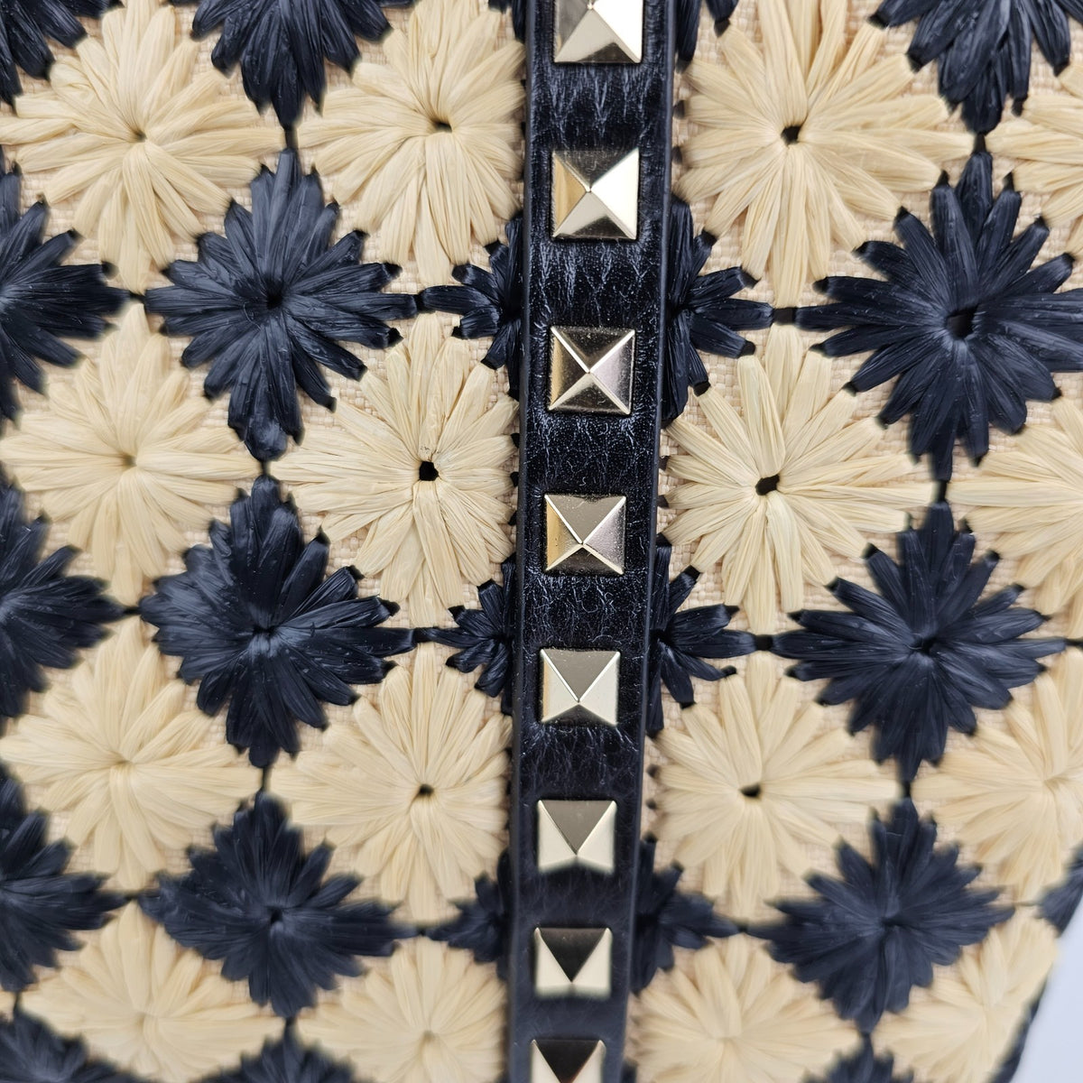 VALENTINO GARAVANI Rockstud Spike Shopper Black Yellow Raffia Tote Bag New
