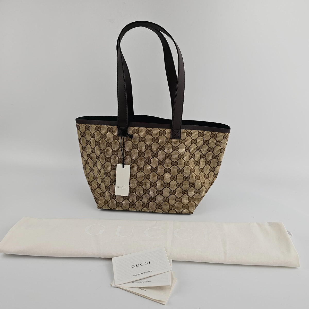GUCCI Totissima Small $2100 Beige And Ebony GG Canvas Tote Bag New & Authentic