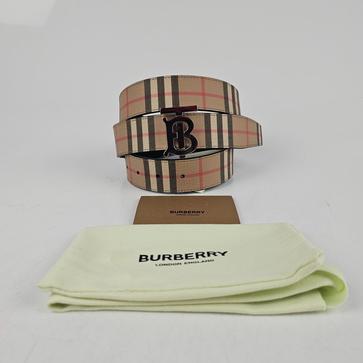 BURBERRY TB Men's Beige Checkered Belt Size 90cm New
