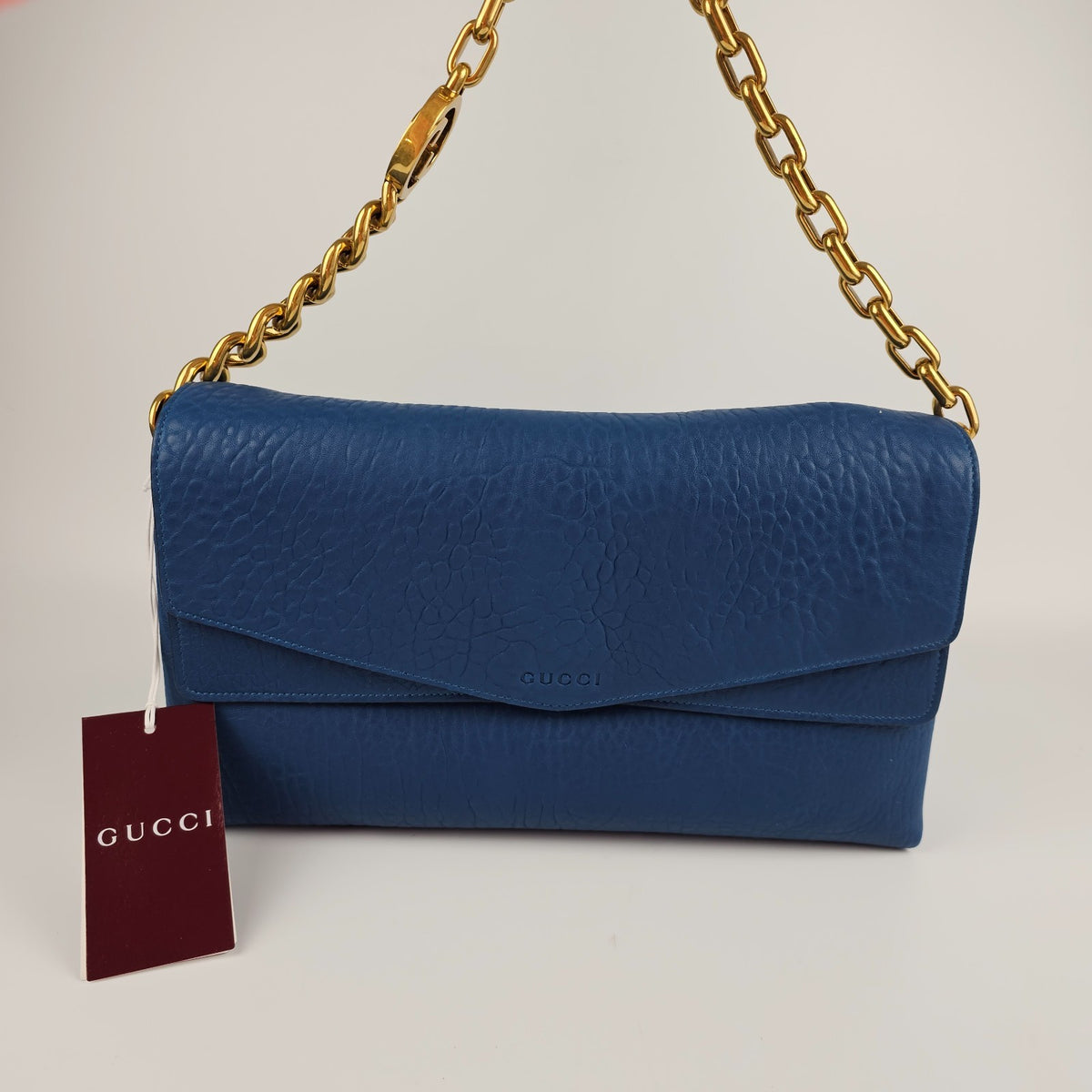 GUCCI $4600 Cobalt Blue GG Leather Large With Chain Shoulder Bag New & Authentic