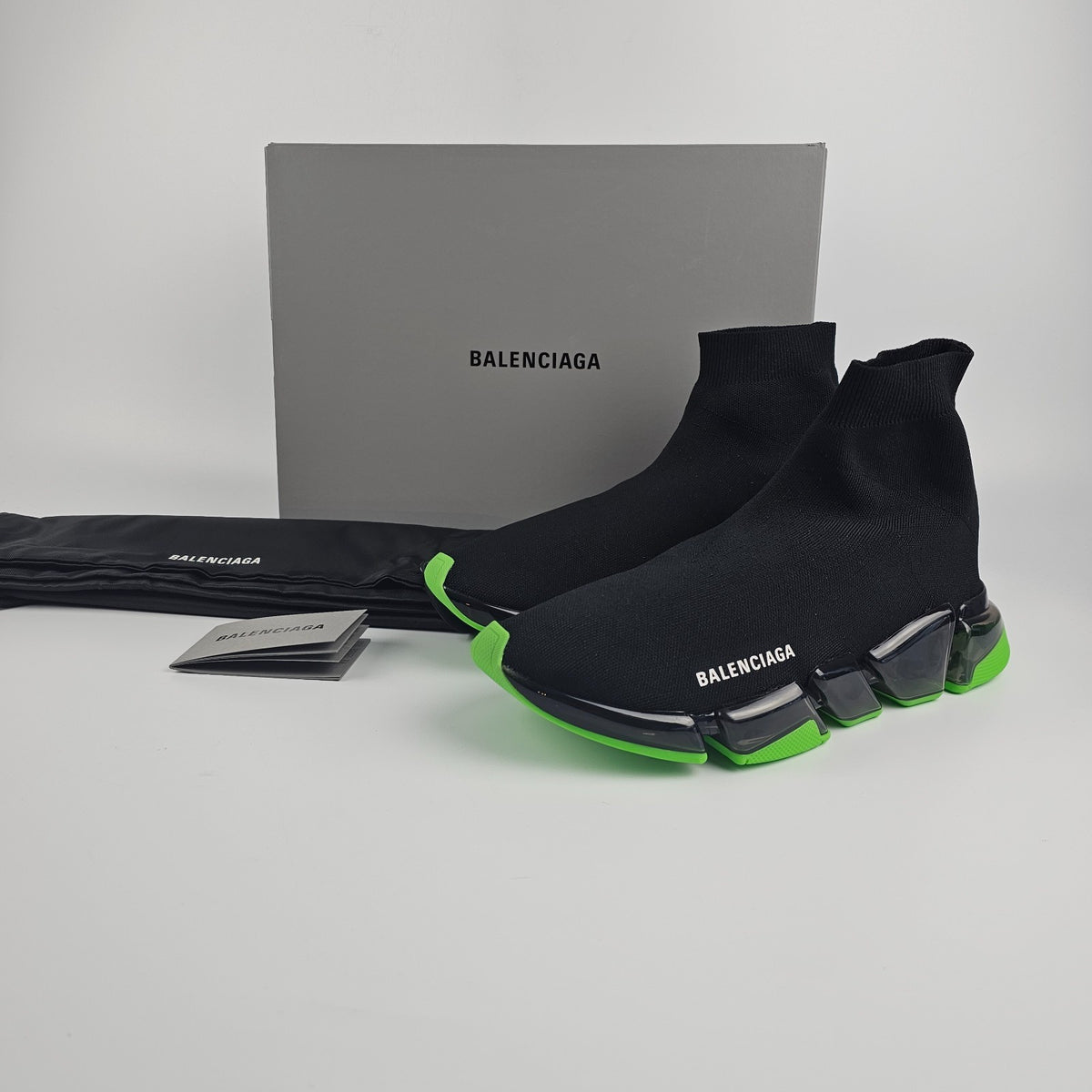 BALENCIAGA Speed 2.0 Full Clear Sole $1100 Black/Neon Green Sneakers New