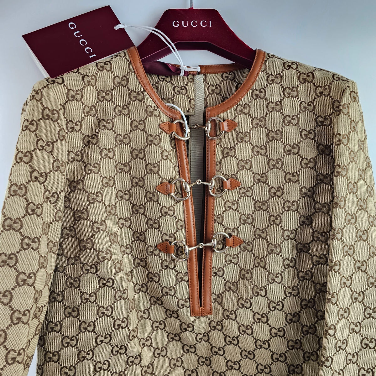GUCCI $4200 Camel And Dark Brown GG Canvas With Horsebit Dress New & Authentic