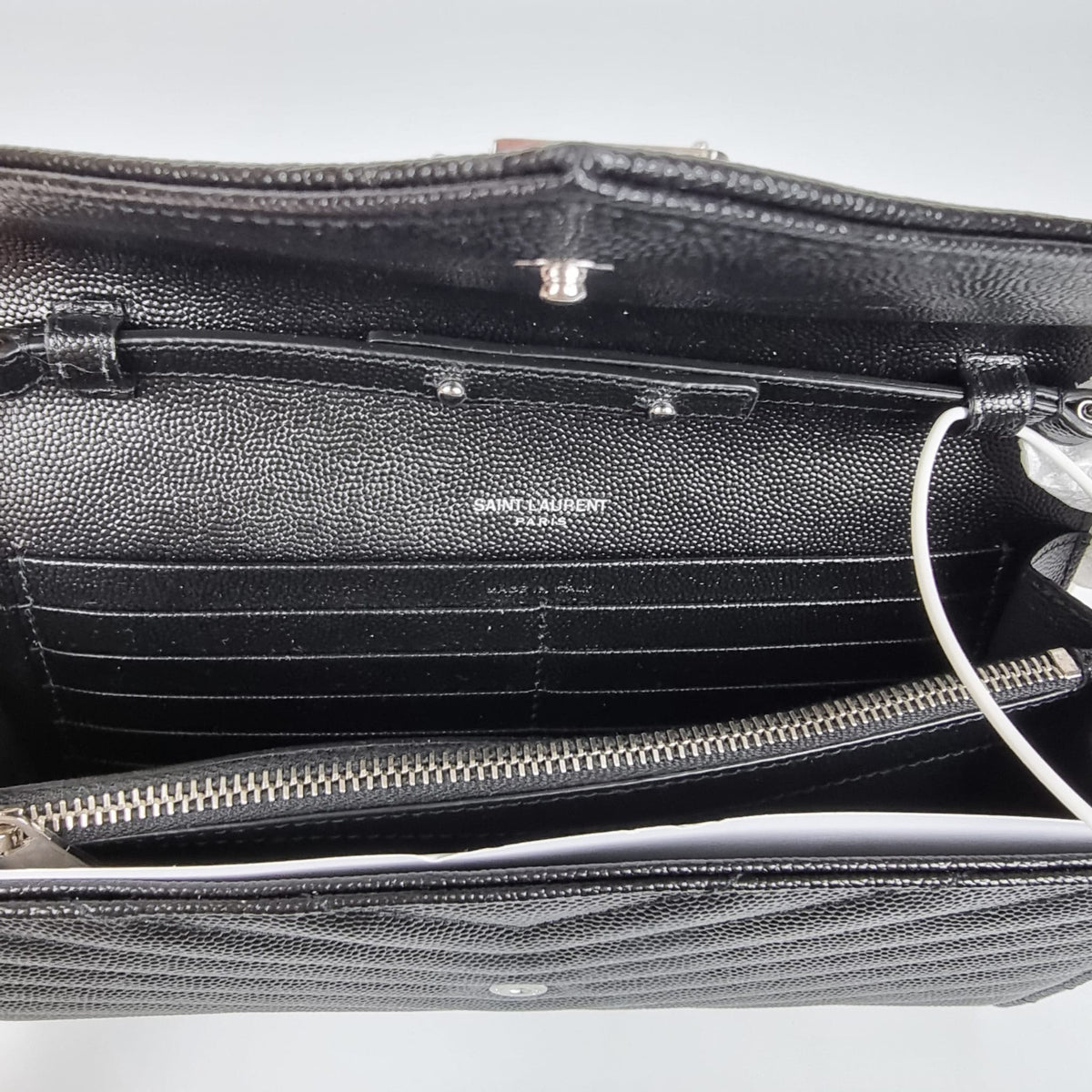 SAINT LAURENT Cassandre Classic $1600 Black/Silver Leather Chain Wallet New