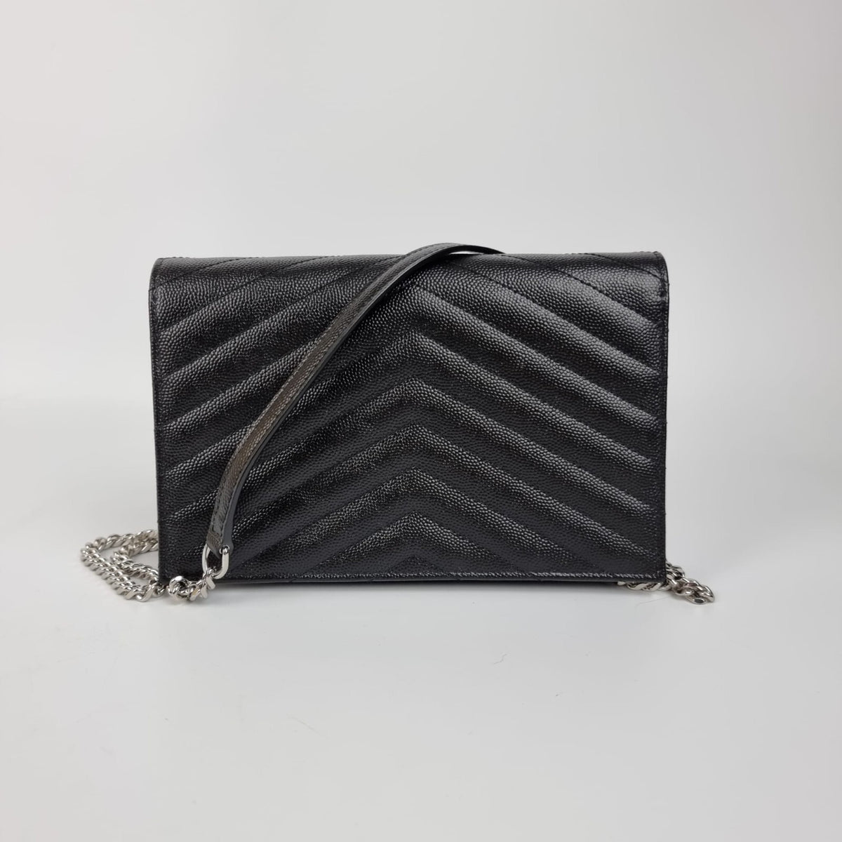 SAINT LAURENT Cassandre Envelope Black/Silver Grained Leather Chain Wallet New