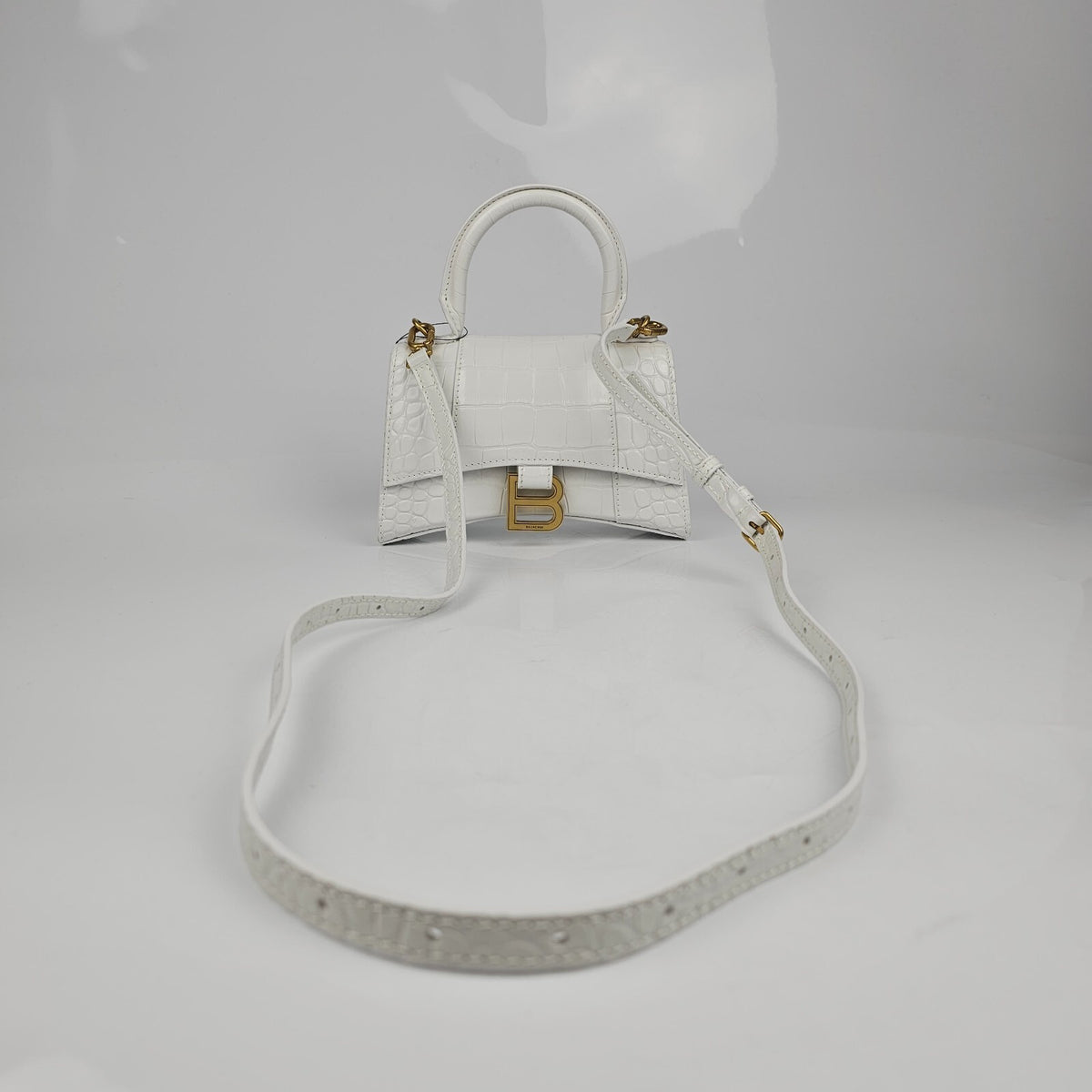 BALENCIAGA XS Hourglass Embossed White Leather Bag New